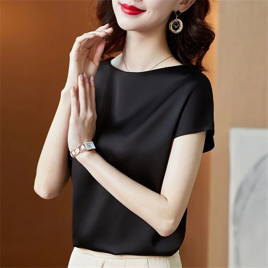 Short Sleeve O-Neck Satin Blouse for Office Ladies