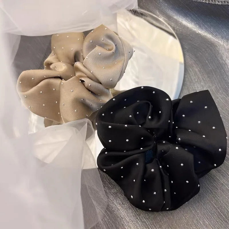 Silk Satin Rhinestone Scrunchie - Black Elastic Hair Tie