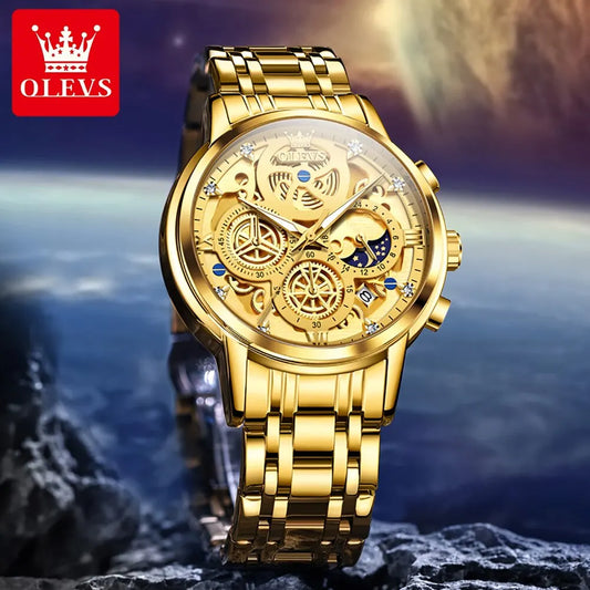 OLEVS – montre à Quartz pour hommes, marque de luxe, originale, étanche, Style squelette doré, 24 heures, jour et nuit, nouveau