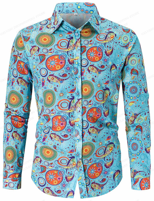 Chemise à manches longues à revers de style vacances à imprimé floral pour hommes