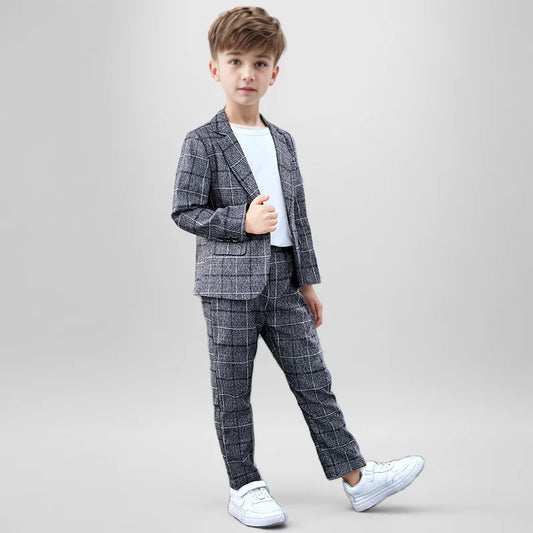 Kid's Plaid Slim Fit Casual Blazer Pants Outfit