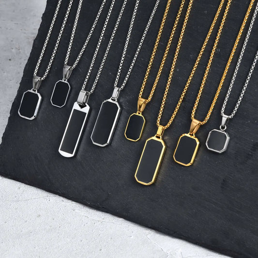 Collier homme en émail noir – Pendentif carré en acier inoxydable étanche