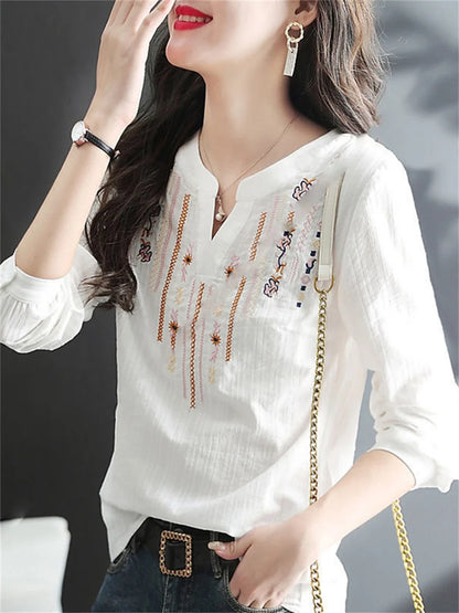 V-Neck Loose Blusas: Women's White Long Sleeve Tops