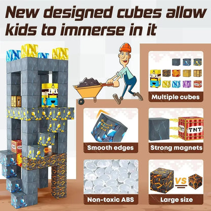 Magnetic Building Block Cube Mine World Set DIY Model STEM Sensory Toy for Kids Ages 3+ Boys Girls