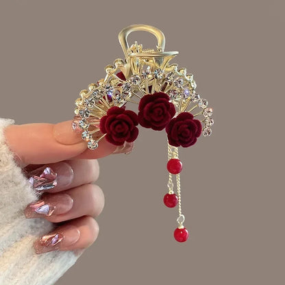 Rhinestone Pearl Tassel Hair Clip