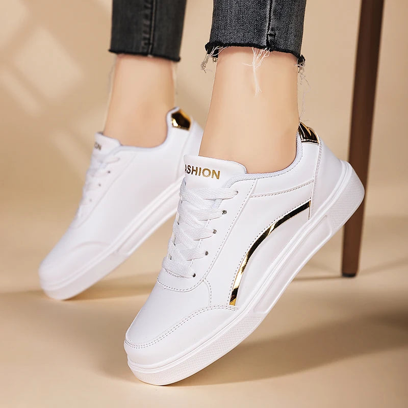 Women's White Thick Sole Faux Leather Sneakers