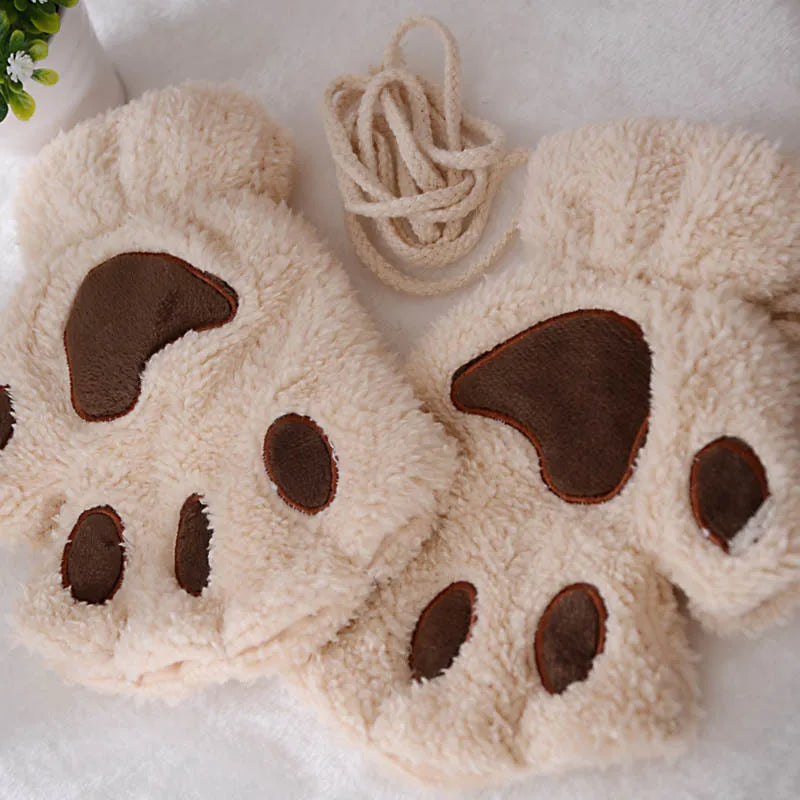 Cute Cat Paw Fingerless Plush Gloves - Warm & Fluffy