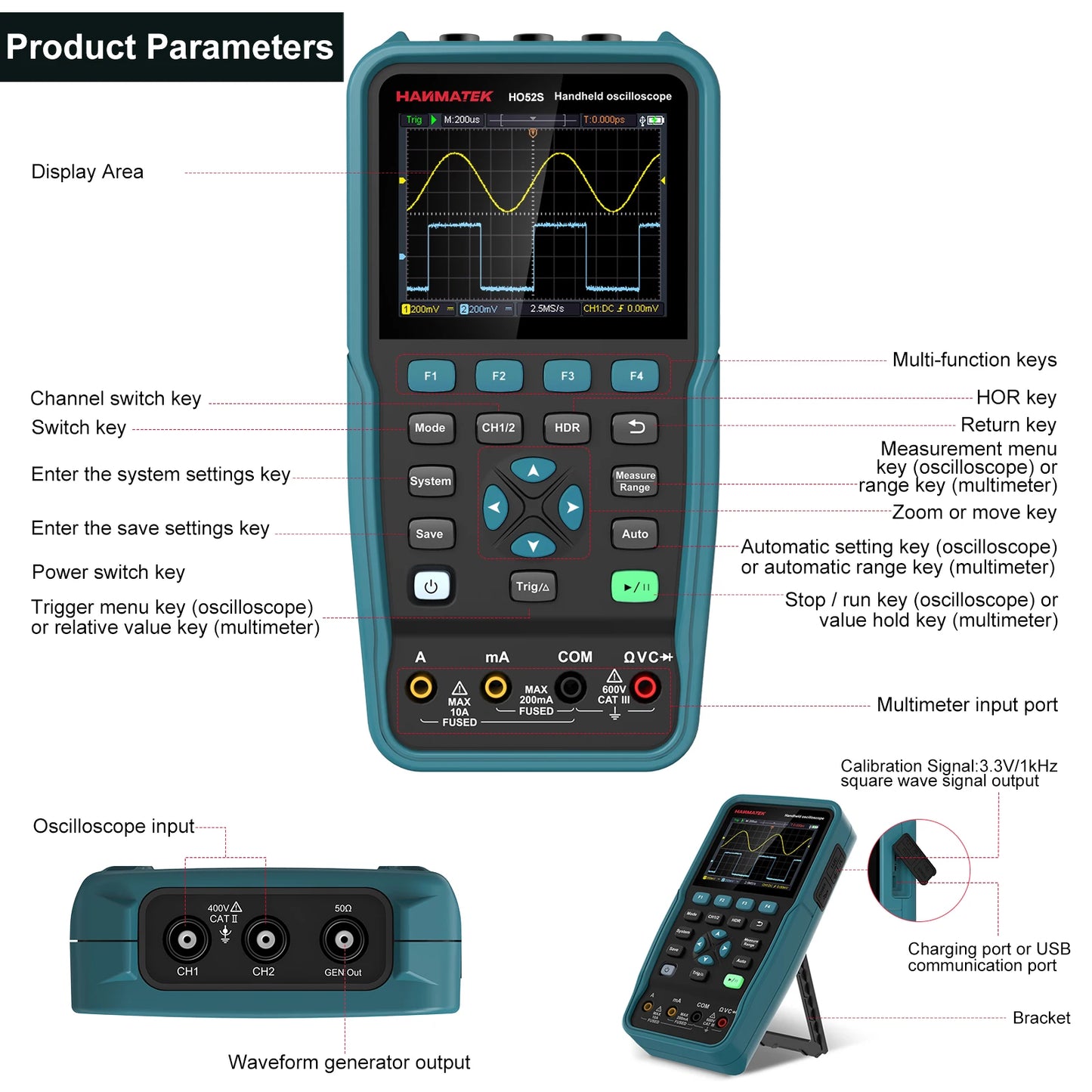 Oscilloscope numérique, multimètre et générateur de signaux 3 en 1