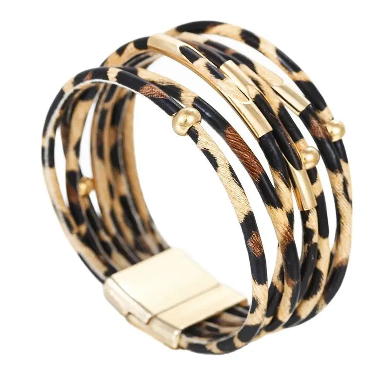 Leopard Leather Wrap Bracelet - Multilayer Metal Tube Charm