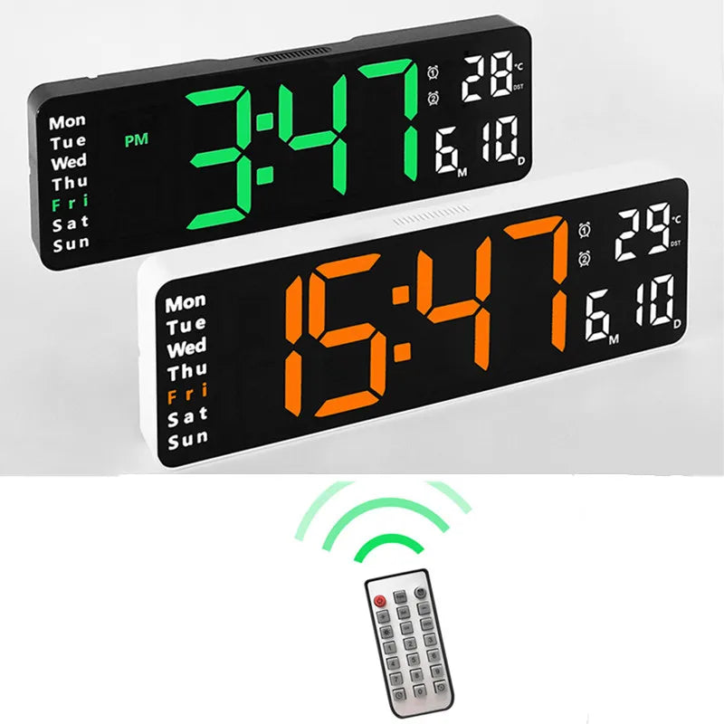 Large Digital Wall Clock with Remote/Temperature & Dual Alarms