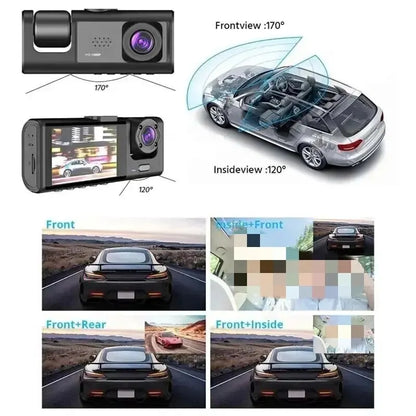 3-Channel 1080P Dash Cam with Triple-Lens & Inside Vehicle Recording