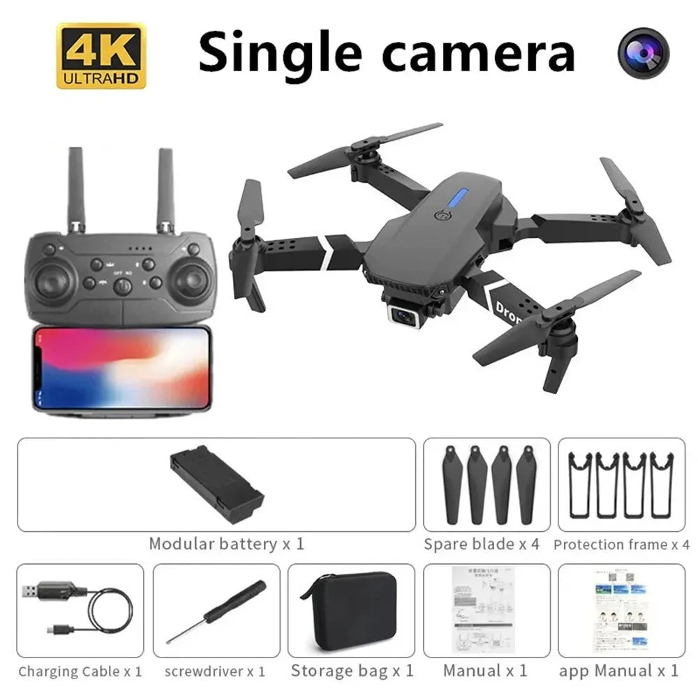 Drone RC pliable E88 – Caméra HD grand angle 4K 1080P WiFi FPV Hélicoptère quadrirotor à maintien en hauteur