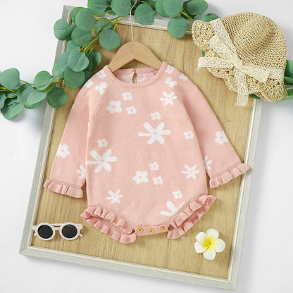 Knitted Infant Girl Bodysuits Floral Winter Playsuits