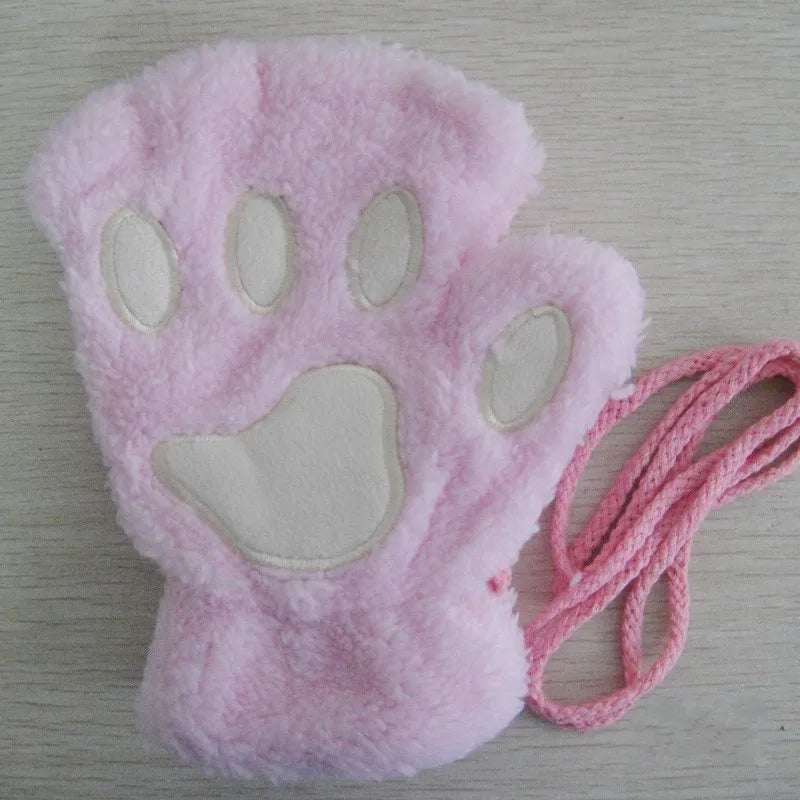 Cute Cat Paw Fingerless Plush Gloves - Warm & Fluffy