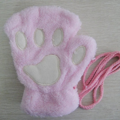 Cute Cat Paw Fingerless Plush Gloves - Warm & Fluffy