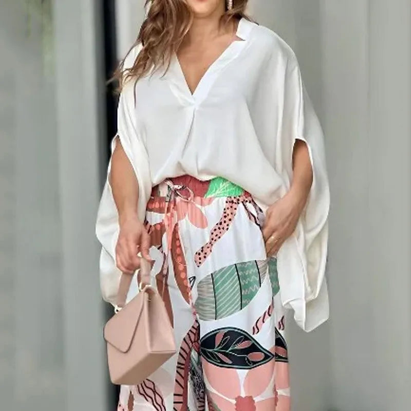 Summer V-Neck Batwing Top & Printed Wide-Leg Pants Set