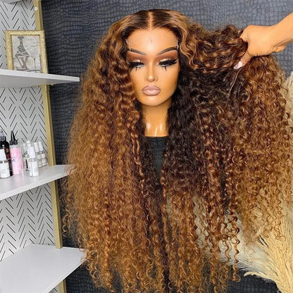 Curly Ombre Honey Brown Deep Wave Frontal Lace Human Hair Wig