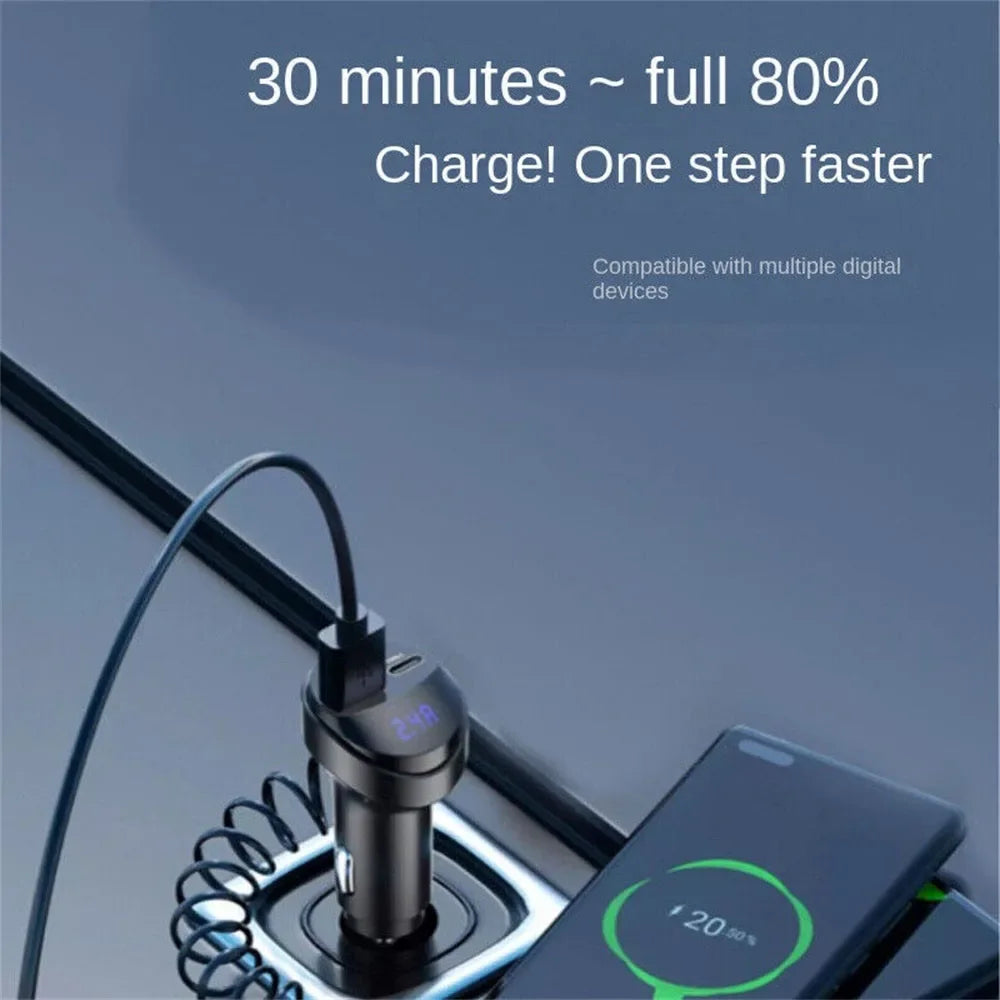 55W 2-Port USB Car Phone Charger 3.1A with Voltage Display Three-In-One USB Retractable Charging Cable