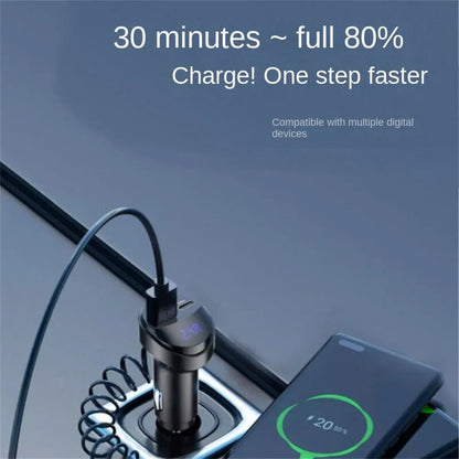 55W 2-Port USB Car Phone Charger 3.1A with Voltage Display Three-In-One USB Retractable Charging Cable