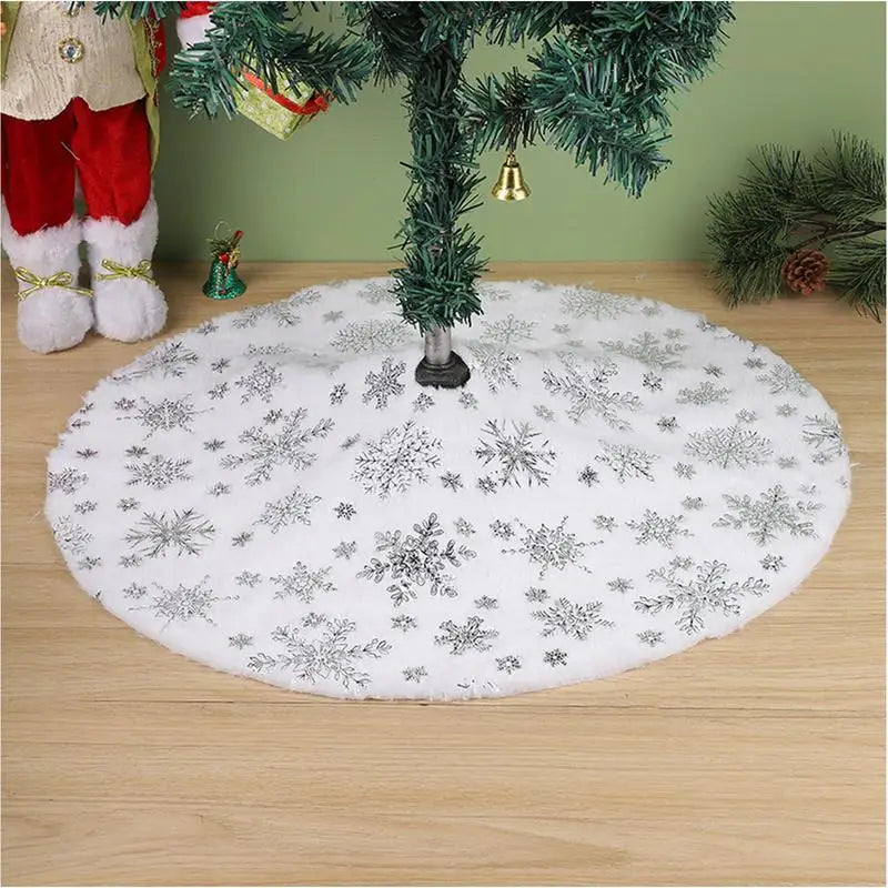 Jupe d'arbre en peluche blanche avec flocon de neige à paillettes argentées