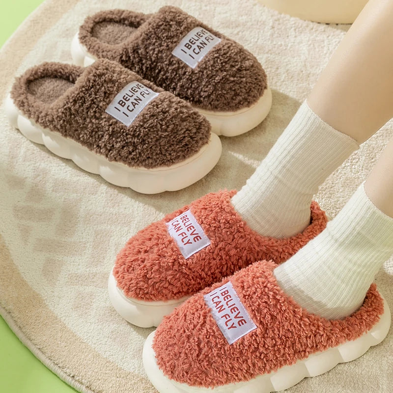 Winter Warm Fluffy Slippers High Heels Plush Thick Sole shoes