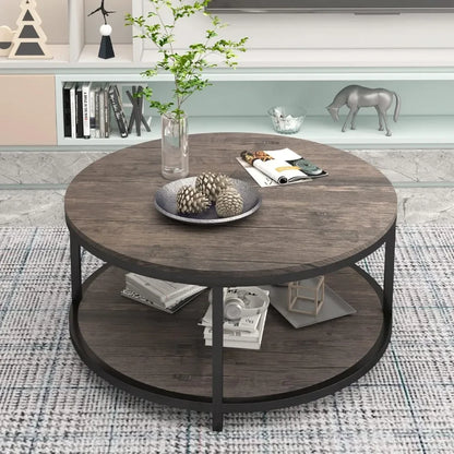 Table basse ronde avec canapé en bois à rangement ouvert 