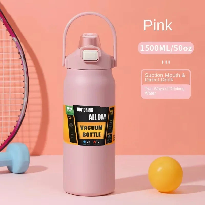 Thermos portable en acier inoxydable 304 avec paille – Bouteille isotherme de voyage