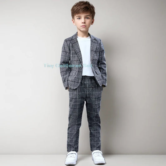 Kid's Plaid Slim Fit Casual Blazer Pants Outfit