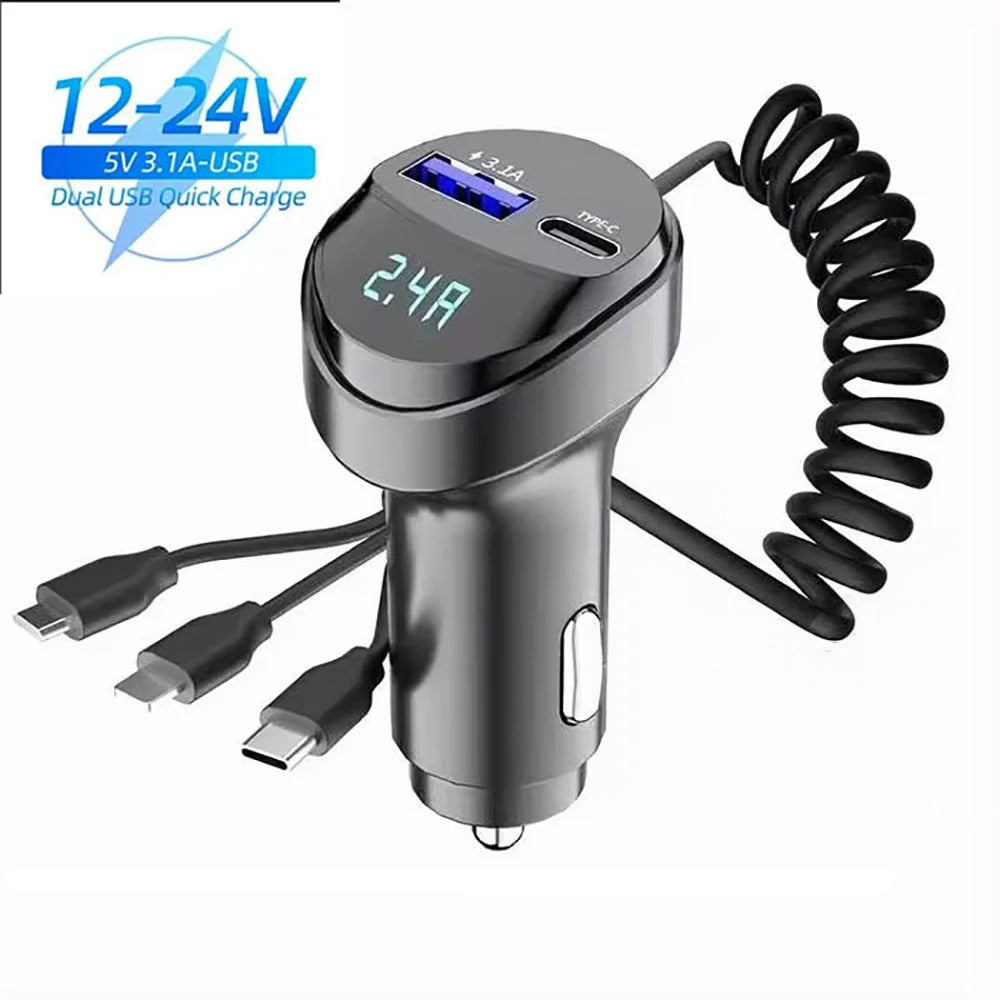 55W 2-Port USB Car Phone Charger 3.1A with Voltage Display Three-In-One USB Retractable Charging Cable
