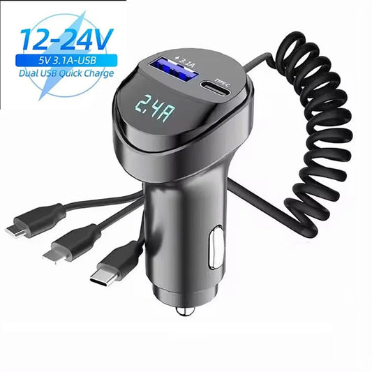 Chargeur de téléphone de voiture USB 55W à 2 ports, 3,1 a, avec affichage de la tension, câble de chargement rétractable USB trois en un