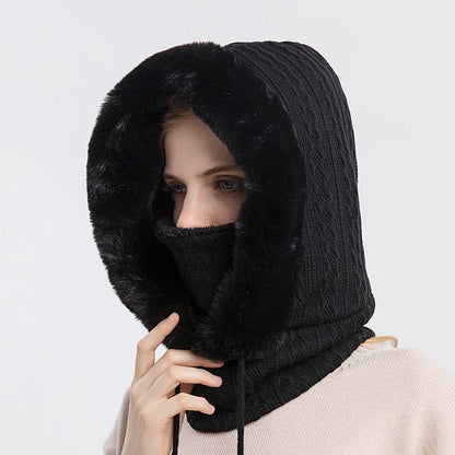 Women's Winter Fur Cap & Mask Set - Knitted Cashmere Balaclava