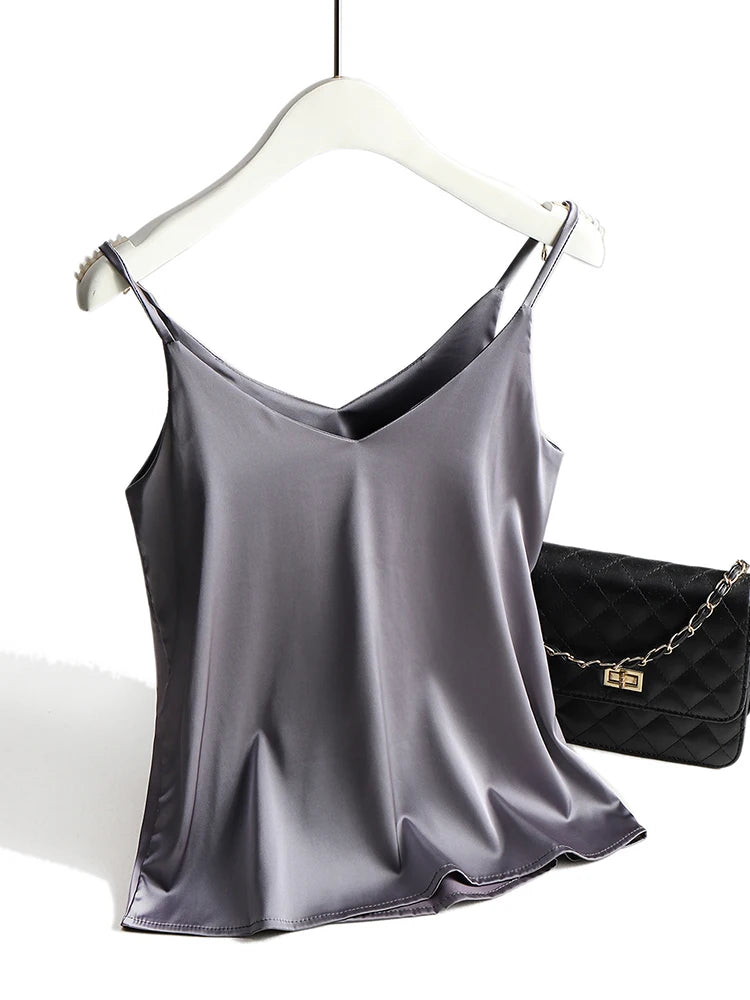 V Neck Basic Cami Sleeveless Satin Silk Tank Tops