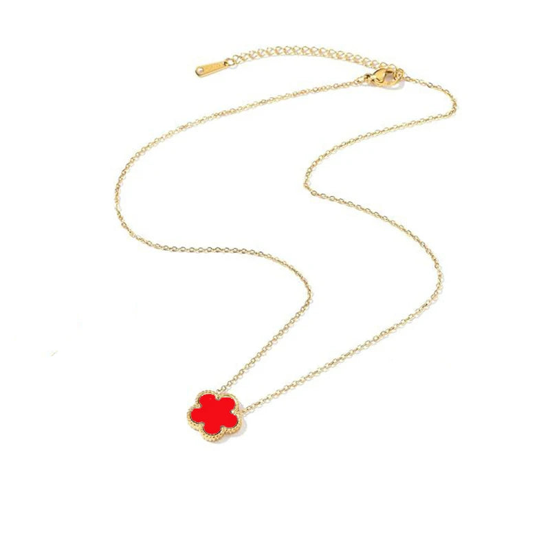 Collier Fleur Plaqué Or 14K - Pendentif Trèfle Double Face