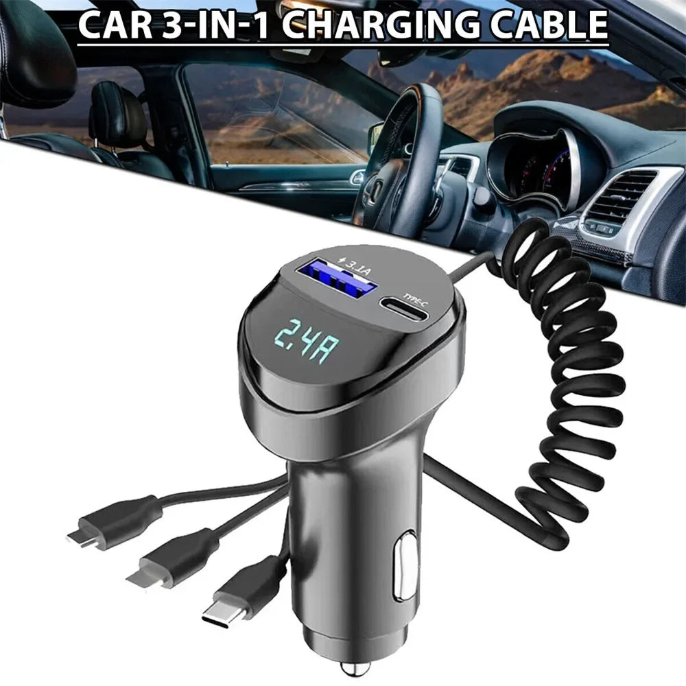 55W 2-Port USB Car Phone Charger 3.1A with Voltage Display Three-In-One USB Retractable Charging Cable