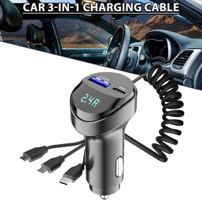 55W 2-Port USB Car Phone Charger 3.1A with Voltage Display Three-In-One USB Retractable Charging Cable