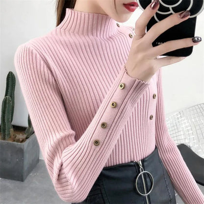 Women's Slim Knitted Turtleneck Sweater - Soft Cotton