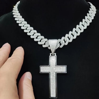 Collier pendentif croix brillante pour hommes et femmes avec chaîne cubaine