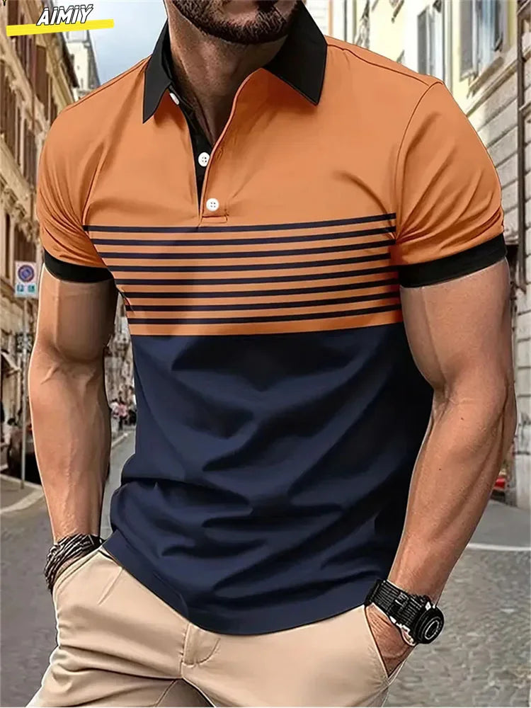 Herren Golf Stripe Poloshirt Lässiges Kurzarm-Poloshirt Einfarbiges Revers Mode Neues Business-Sport-T-Shirt Atmungsaktives Oberteil