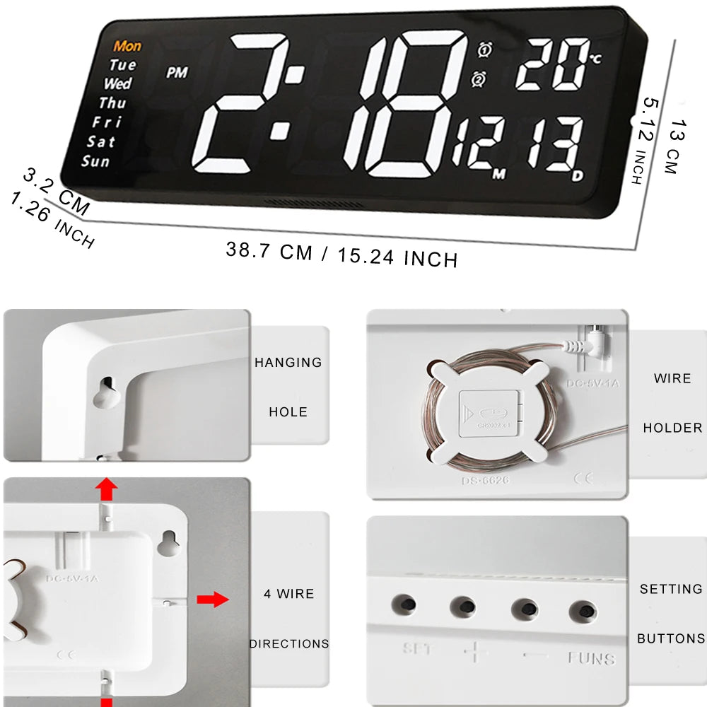 Large Digital LED Wall Clock with Dual Alarms & Temperature Display