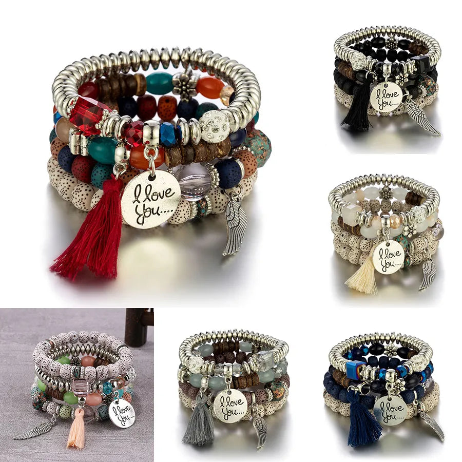 Armband-Set mit Federquasten und Steinperlen für Damen