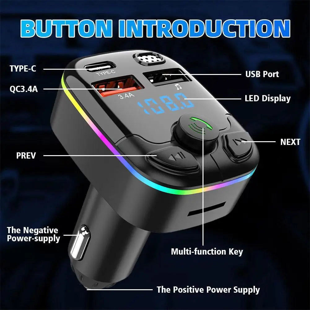 Bluetooth 5.0 Car FM Transmitter with PD Type-C Dual USB 3.1A Fast Charger