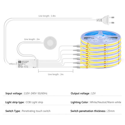 Under Cabinet COB LED Strip Light with Touch Sensor