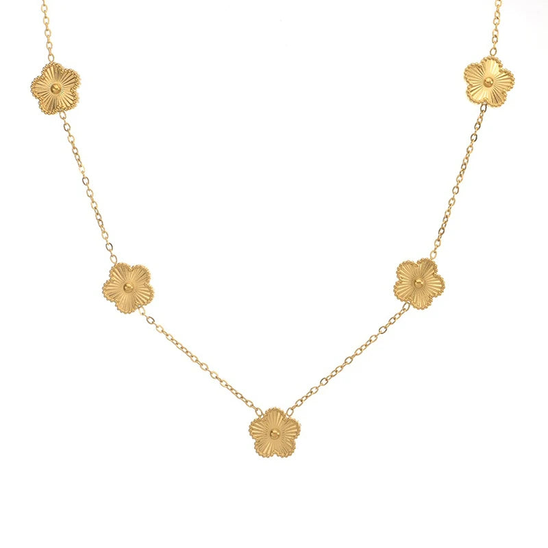 Collier Fleur Plaqué Or 14K - Pendentif Trèfle Double Face