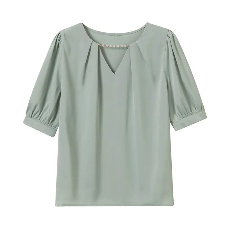 Solid Pearl Short Sleeve O-Neck Women's Blouses