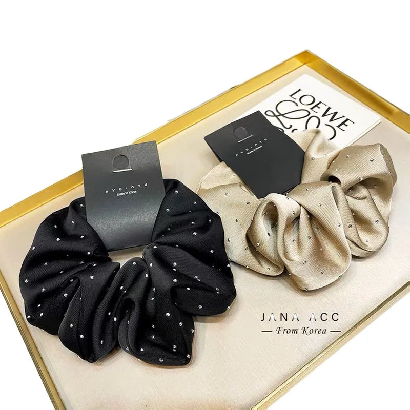 Silk Satin Rhinestone Scrunchie - Black Elastic Hair Tie