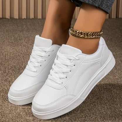Women's White Thick Sole Faux Leather Sneakers