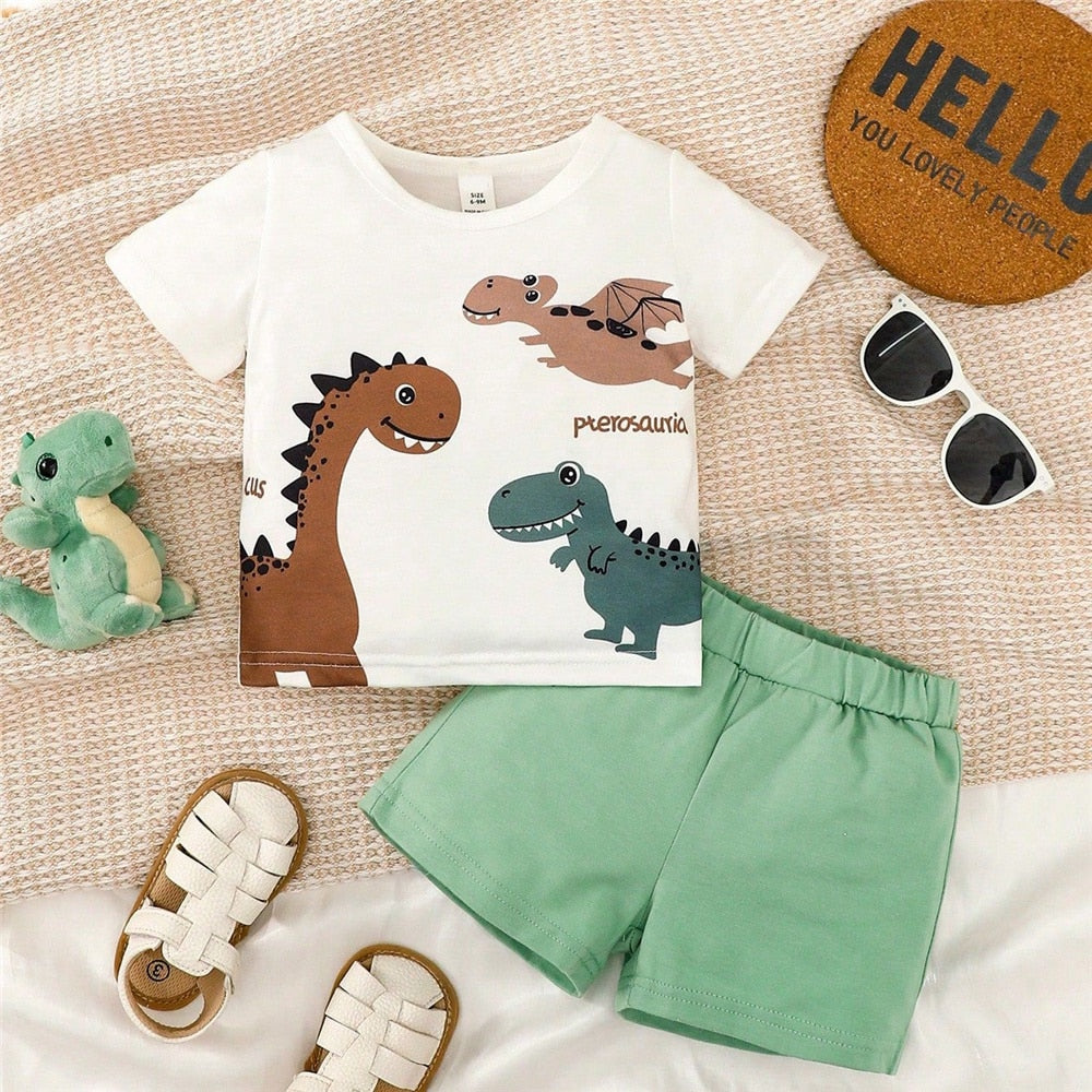 Dino Baby Boy 2PC Set Cute Cartoon Top + Brown Shorts