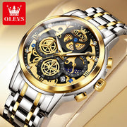 OLEVS Men's Watches Top Brand Luxury Original Waterproof Quartz Watch for Man Gold Skeleton Style 24 Hour Day Night New