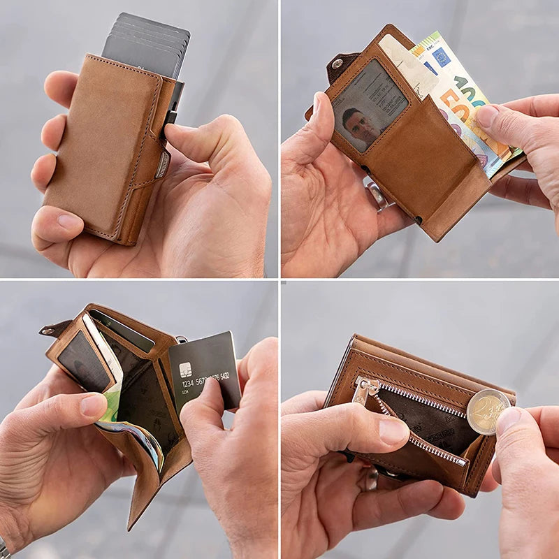 RFID-Geldbörse aus echtem Leder mit Pop-Up-Kartenetui