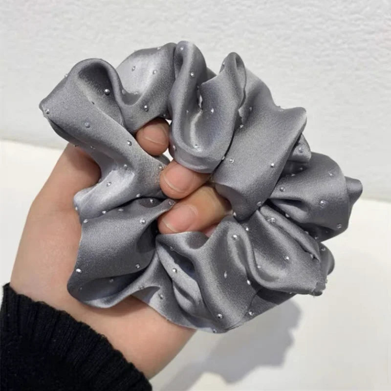 Silk Satin Rhinestone Scrunchie - Black Elastic Hair Tie